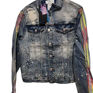 NWT Stylish Distressed Denim Jacket with Colorful Stripes